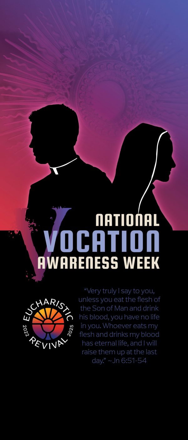 Vocation Awareness Week Banner w/ Eucharistic Revival theme Vianney